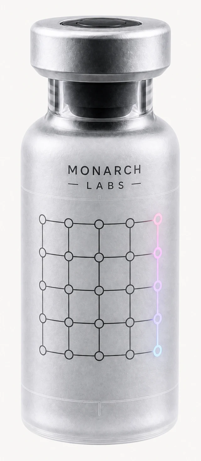 Frosted silver MONARCH HEALTH LABS specimen vial with calibration lattice.