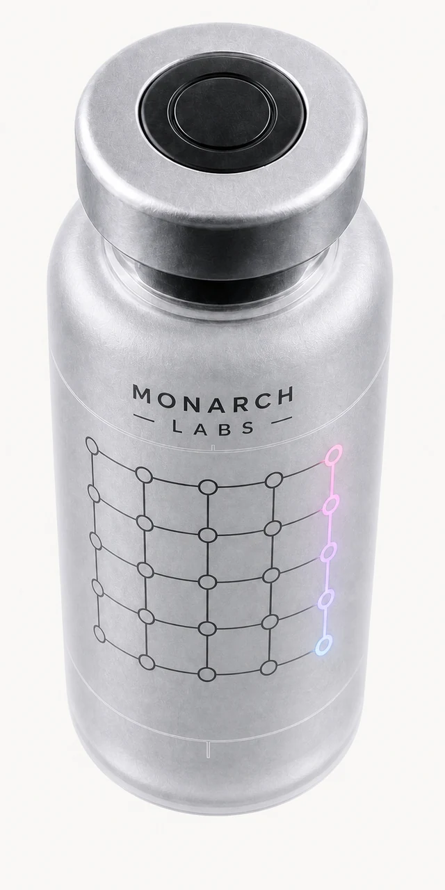 MONARCH HEALTH LABS specimen vial viewed from above, showing the sealed cap system.